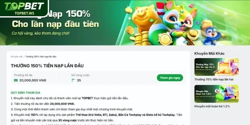 Thưởng nạp 150% lần đầu tiên